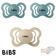 BIBS Couture Sutter med navn str2, 2 Island Sea, 1 Vanilla, Anatomisk Silikone, Pakke med 3 sutter